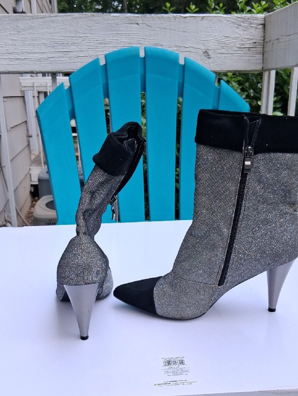 Women's Metallic Silver Glitter Ankle Boots with Black Toe and Cuff - Picture 3 of 4